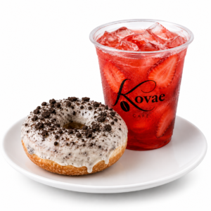 Doughnut with Oreo Cream Glaze + Strawberry Iced Tea